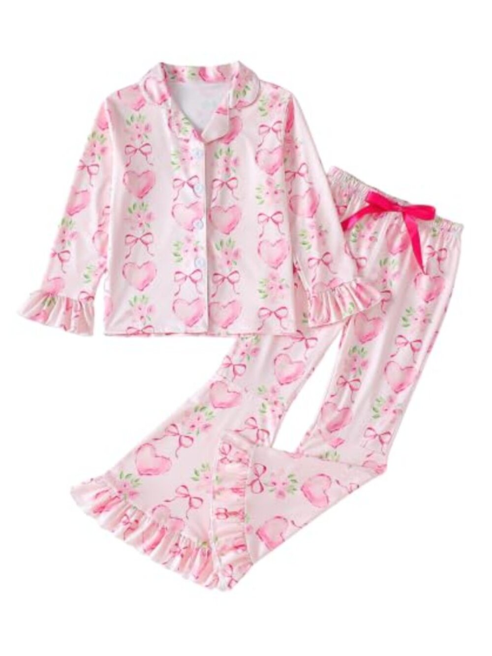 Girls Long Sleeve Button Down Pajama Set Bell Bottom Heart Bow Print